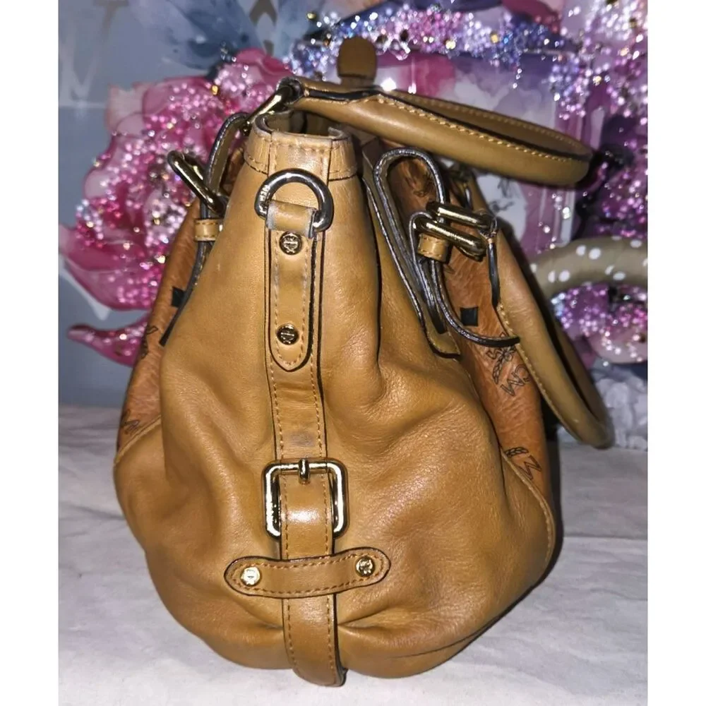 Authentic MCM Cognac Visetos Heritage Pleated Two-Way Satchel Bag (R6732)